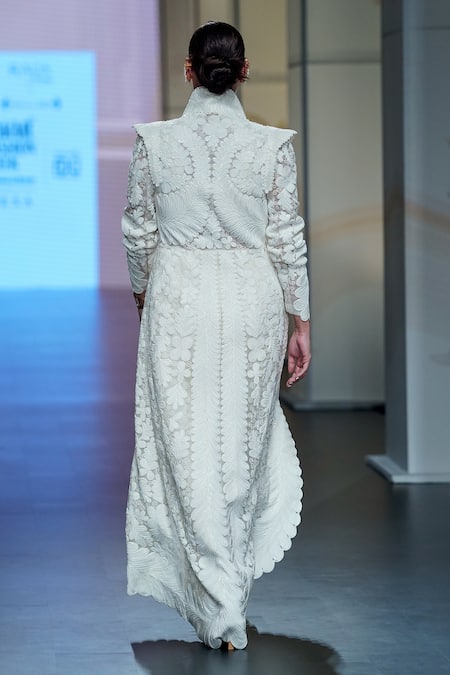 Shop_Pankaj & Nidhi_Ivory Tulle, Organza, Pearls High Conquistador Jacket Draped Pant Set _at_Aza_Fashions