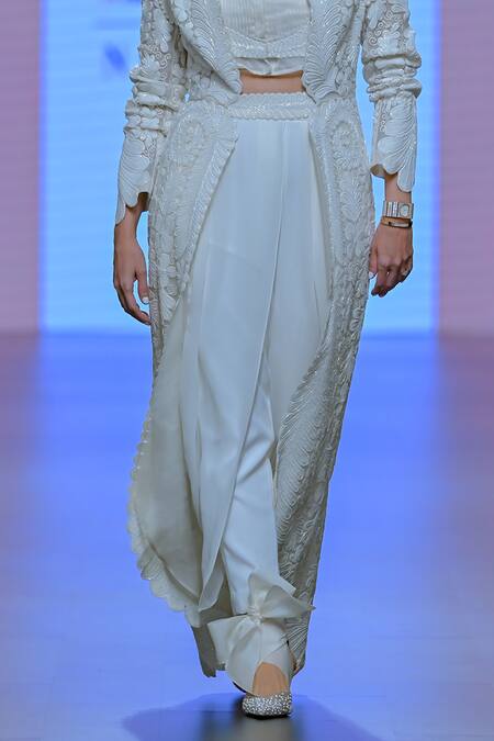 Pankaj & Nidhi_Ivory Tulle, Organza, Pearls High Conquistador Jacket Draped Pant Set _Online_at_Aza_Fashions