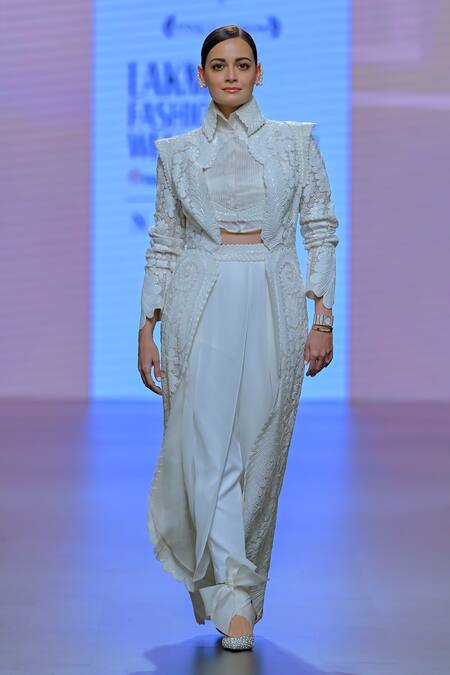 Shop_Pankaj & Nidhi_Ivory Tulle, Organza, Pearls High Conquistador Jacket Draped Pant Set _Online_at_Aza_Fashions