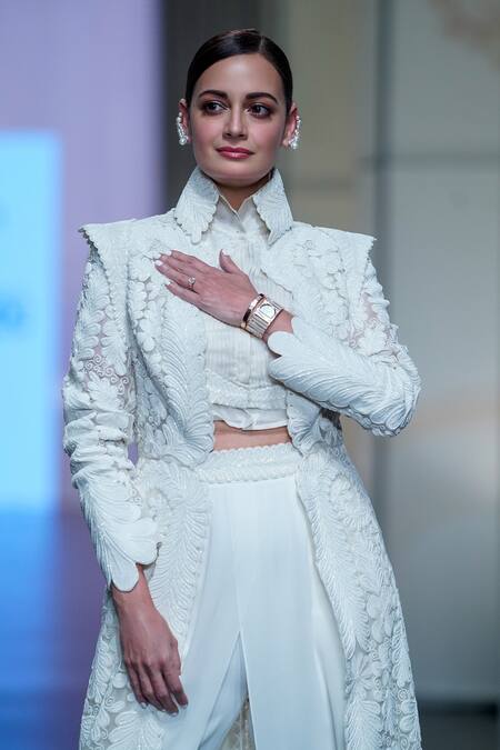 Buy_Pankaj & Nidhi_Ivory Tulle, Organza, Pearls High Conquistador Jacket Draped Pant Set 