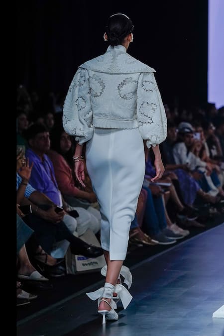 Shop_Pankaj & Nidhi_Ivory Tulle, Silk Organza Pearls Shawl Neck Yin Yang Cord Work Bomber Jacket _at_Aza_Fashions