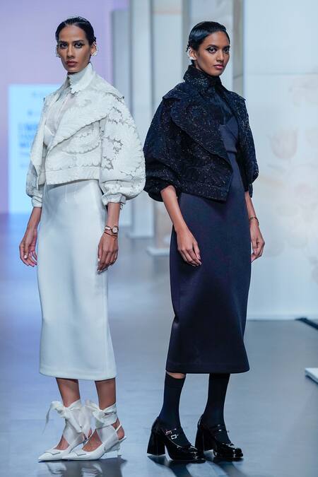 Pankaj & Nidhi_Ivory Tulle, Silk Organza Pearls Shawl Neck Yin Yang Cord Work Bomber Jacket _Online_at_Aza_Fashions