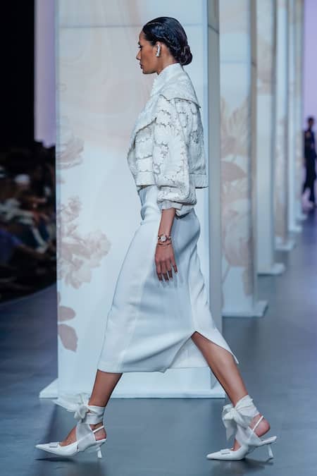 Buy_Pankaj & Nidhi_Ivory Tulle, Silk Organza Pearls Shawl Neck Yin Yang Cord Work Bomber Jacket _Online_at_Aza_Fashions