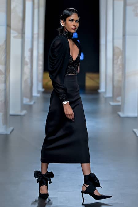 Shop Pankaj & Nidhi Black Satin, Neoprene, Silk Embroidery Aztec Goddess Quilted Corset Skirt Set at Aza Fashions Shop_Pankaj & Nidhi_Black Satin, Neoprene, Silk Embroidery Aztec Goddess Quilted Corset Skirt Set _at_Aza_Fashions