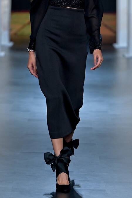 Pankaj & Nidhi Black Satin, Neoprene, Silk Embroidery Aztec Goddess Quilted Corset Skirt Set Online at Aza Fashions Pankaj & Nidhi_Black Satin, Neoprene, Silk Embroidery Aztec Goddess Quilted Corset Skirt Set _Online_at_Aza_Fashions