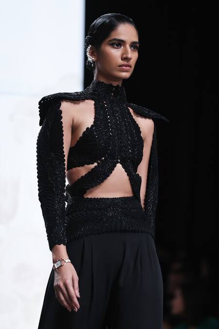 Pankaj & Nidhi_Black Silk Organza, Satin High Neck Noire Encrusted Pourpoint Cord Work Harness _Online_at_Aza_Fashions