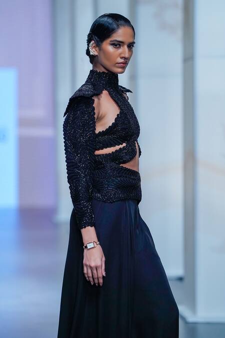 Buy_Pankaj & Nidhi_Black Silk Organza, Satin High Neck Noire Encrusted Pourpoint Cord Work Harness _Online_at_Aza_Fashions