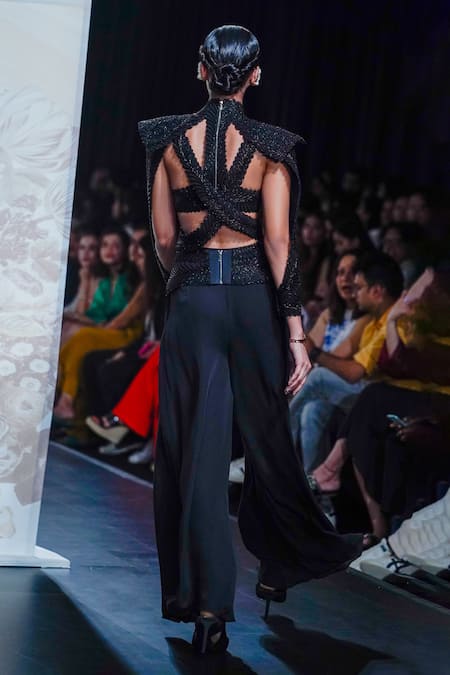 Shop_Pankaj & Nidhi_Black Silk Embroidery Harness Pant Set _at_Aza_Fashions