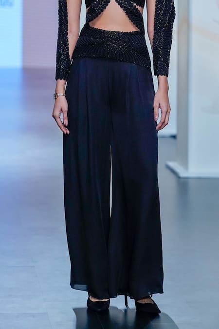 Pankaj & Nidhi_Black Silk Embroidery Harness Pant Set _Online_at_Aza_Fashions