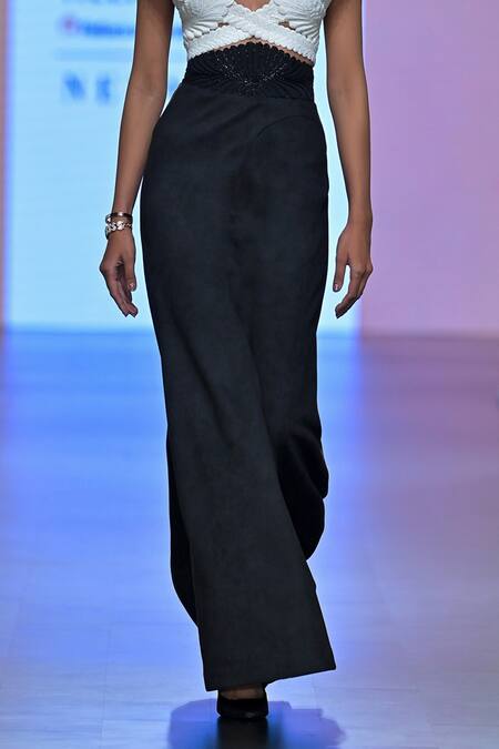 Pankaj & Nidhi_Ivory Suede Warrior Goddess Criss-cross Harness Skirt Set _Online_at_Aza_Fashions