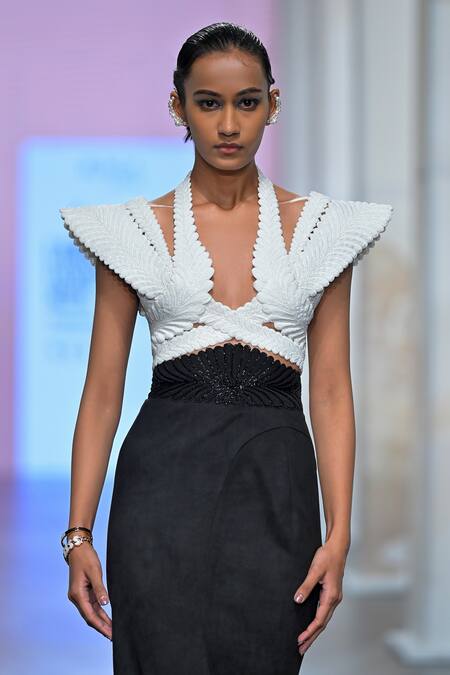 Buy_Pankaj & Nidhi_Ivory Suede Warrior Goddess Criss-cross Harness Skirt Set _Online_at_Aza_Fashions