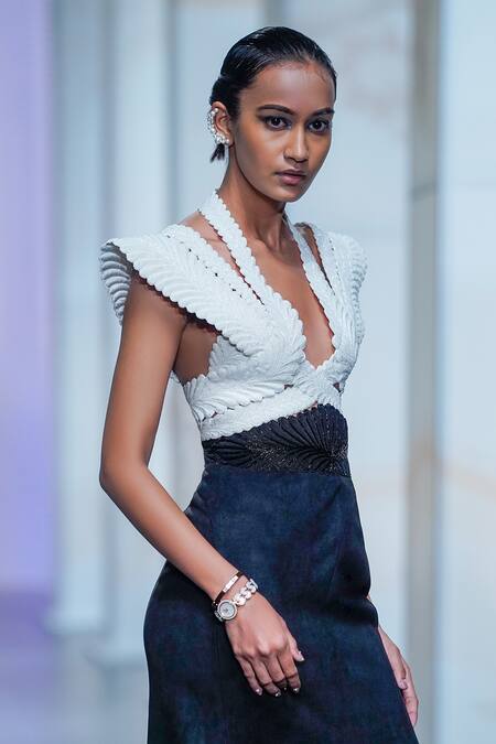 Shop_Pankaj & Nidhi_Ivory Suede Warrior Goddess Criss-cross Harness Skirt Set _Online_at_Aza_Fashions