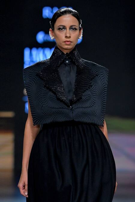 Pankaj & Nidhi Black Satin Embroidery Collared Samurai Quilted Jacket Online at Aza Fashions Pankaj & Nidhi_Black Satin Embroidery Collared Samurai Quilted Jacket _Online_at_Aza_Fashions