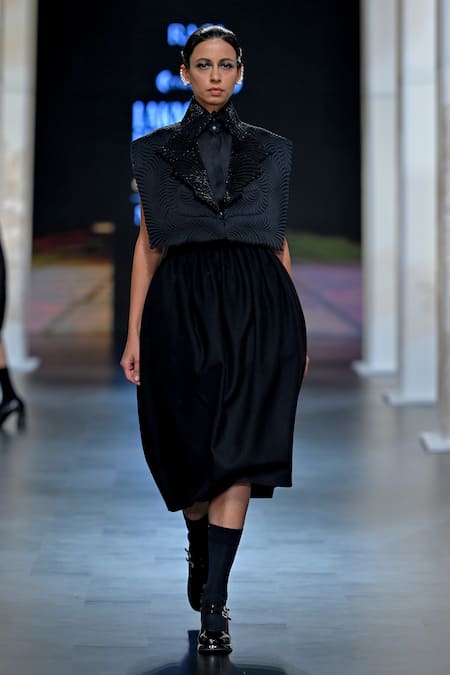 Shop Pankaj & Nidhi Black Satin, Wool Embroidery Collared Samurai Quilted Jacket And Skirt Set at Aza Fashions Shop_Pankaj & Nidhi_Black Satin, Wool Embroidery Collared Samurai Quilted Jacket And Skirt Set _at_Aza_Fashions