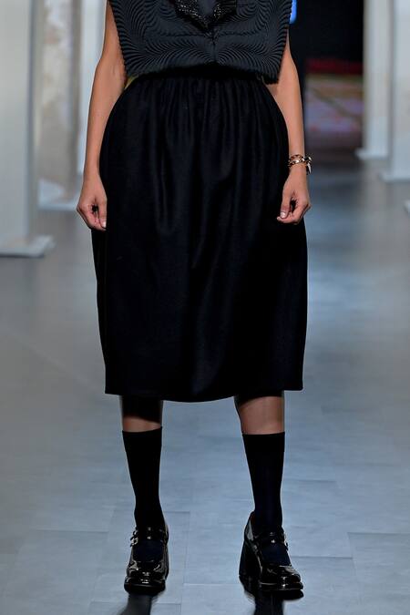 Pankaj & Nidhi Black Satin, Wool Embroidery Collared Samurai Quilted Jacket And Skirt Set Online at Aza Fashions Pankaj & Nidhi_Black Satin, Wool Embroidery Collared Samurai Quilted Jacket And Skirt Set _Online_at_Aza_Fashions