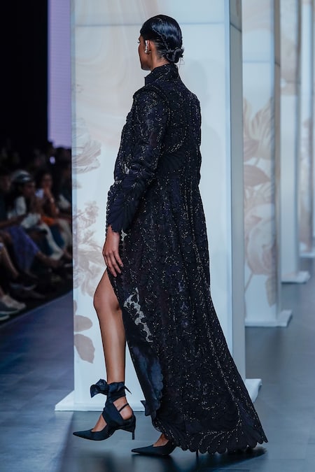 Shop_Pankaj & Nidhi_Black Tulle, Silk Organza Pearls Open Queen Of Clovers Embellished Noire Jacket _at_Aza_Fashions