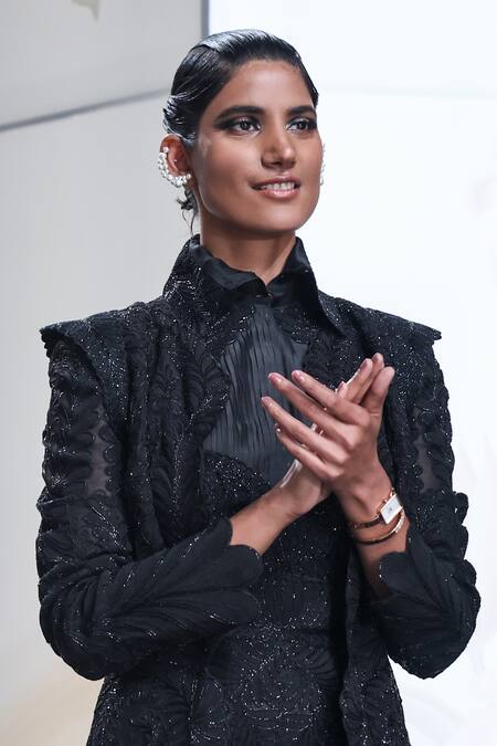 Pankaj & Nidhi_Black Tulle, Silk Organza Pearls Open Queen Of Clovers Embellished Noire Jacket _Online_at_Aza_Fashions