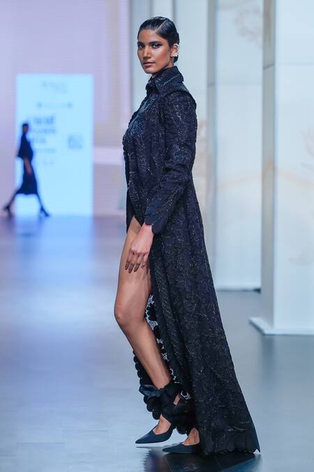 Pankaj & Nidhi_Black Tulle, Silk Organza Pearls, Queen Of Clovers Embellished Noire Jacket Set _Online_at_Aza_Fashions