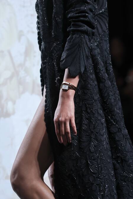 Buy_Pankaj & Nidhi_Black Tulle, Silk Organza Pearls, Queen Of Clovers Embellished Noire Jacket Set _Online_at_Aza_Fashions