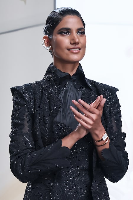 Shop_Pankaj & Nidhi_Black Tulle, Silk Organza Pearls, Queen Of Clovers Embellished Noire Jacket Set _Online_at_Aza_Fashions