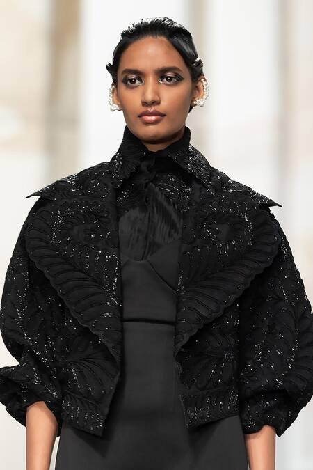 Pankaj & Nidhi_Black Tulle, Silk Organza Pearls Shawl Yin Yang Cord Work Cropped Bomber Jacket _Online_at_Aza_Fashions