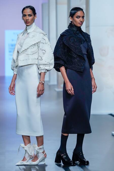 Buy_Pankaj & Nidhi_Black Tulle, Silk Organza Pearls Shawl Yin Yang Cord Work Cropped Bomber Jacket _Online_at_Aza_Fashions