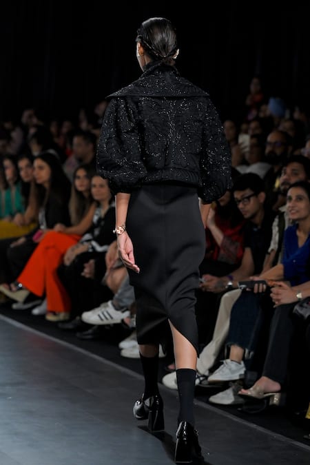 Shop_Pankaj & Nidhi_Black Neoprene, Tulle, Silk Organza Pearls Yin Yang Midi Dress Bomber Jacket Set _at_Aza_Fashions