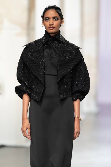 Pankaj & Nidhi_Black Neoprene, Tulle, Silk Organza Pearls Yin Yang Midi Dress Bomber Jacket Set _Online_at_Aza_Fashions