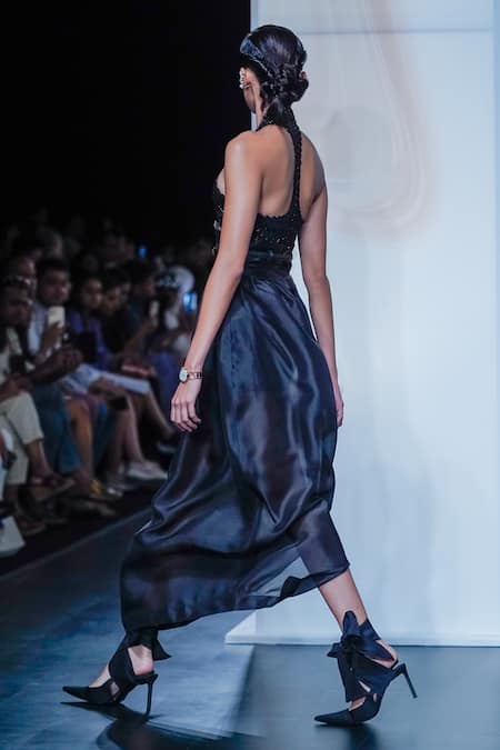 Shop_Pankaj & Nidhi_Black Silk Organza Articulate Gathered Cocoon Skirt _at_Aza_Fashions