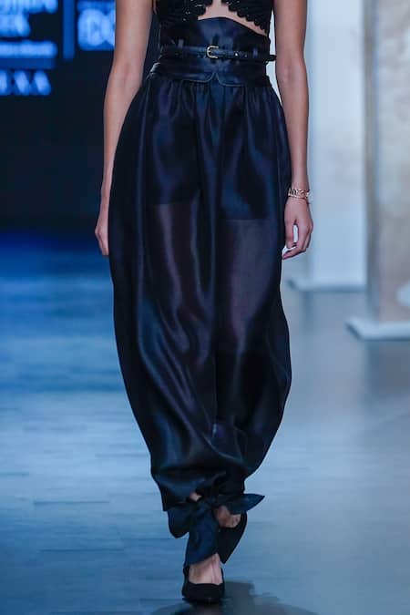 Pankaj & Nidhi_Black Silk Organza Articulate Gathered Cocoon Skirt _Online_at_Aza_Fashions