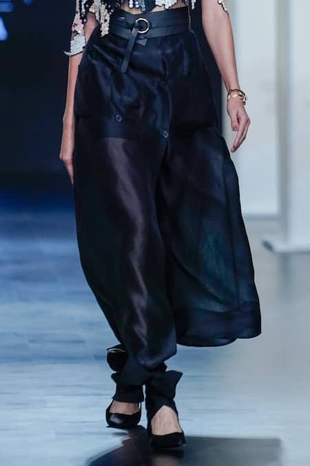 Pankaj & Nidhi_Black Silk Organza Piping Articulate A-line Skirt _Online_at_Aza_Fashions