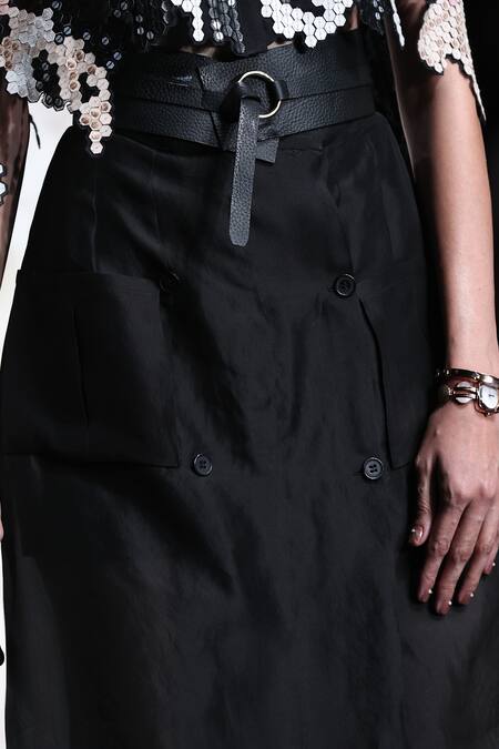 Buy_Pankaj & Nidhi_Black Silk Organza Piping Articulate A-line Skirt _Online_at_Aza_Fashions