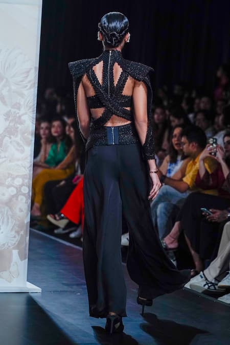 Shop_Pankaj & Nidhi_Black Silk, Georgette, Tulle Articulate Pleated Pant With Embellished Belt _at_Aza_Fashions