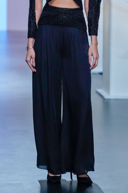 Pankaj & Nidhi_Black Silk, Georgette, Tulle Articulate Pleated Pant With Embellished Belt _Online_at_Aza_Fashions