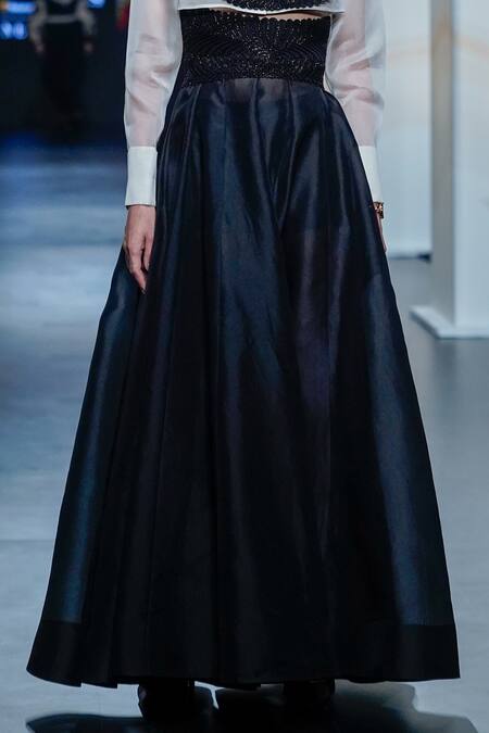 Pankaj & Nidhi_Black Twill, Tulle Embroidery Memento Articulate Skirt With Embellished Belt _Online_at_Aza_Fashions