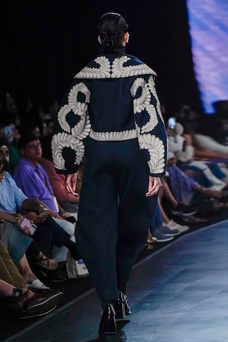 Shop_Pankaj & Nidhi_Blue Wool, Silk Organza Embroidery, Traje De Luces Embellished Jacket Pant Set _at_Aza_Fashions