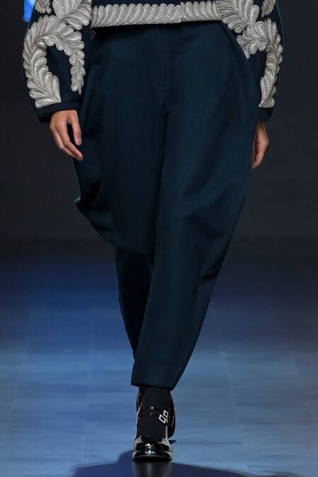 Pankaj & Nidhi_Blue Wool, Silk Organza Embroidery, Traje De Luces Embellished Jacket Pant Set _Online_at_Aza_Fashions