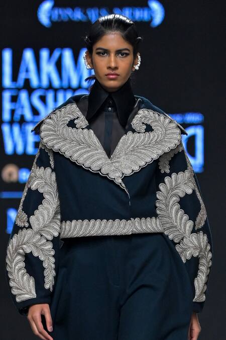 Buy_Pankaj & Nidhi_Blue Wool, Silk Organza Embroidery, Traje De Luces Embellished Jacket Pant Set _Online_at_Aza_Fashions