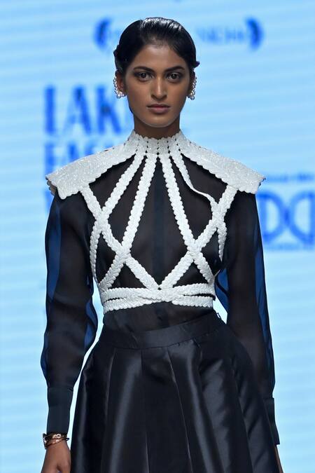 Pankaj & Nidhi Ivory Silk Organza, Twill Pearls, Baldric Embellished Harness Skirt Set Online at Aza Fashions Pankaj & Nidhi_Ivory Silk Organza, Twill Pearls, Baldric Embellished Harness Skirt Set _Online_at_Aza_Fashions