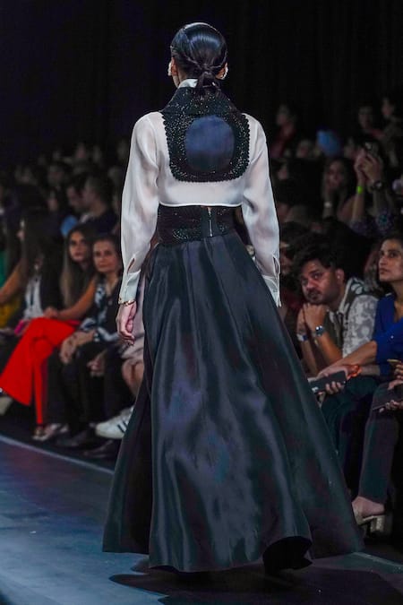 Shop_Pankaj & Nidhi_Black Silk Organza Embroidery, Applique High Memento Embellished Bib And Shirt Set _at_Aza_Fashions