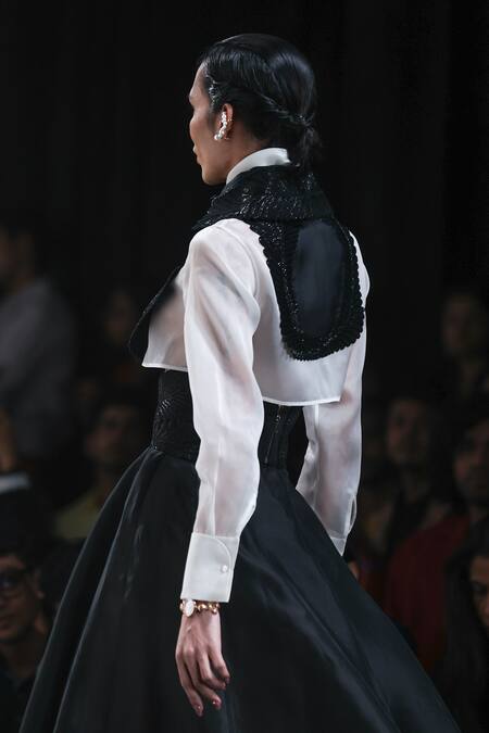 Buy_Pankaj & Nidhi_Black Silk Organza Embroidery, Applique High Memento Embellished Bib And Shirt Set _Online_at_Aza_Fashions