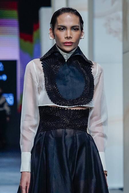 Pankaj & Nidhi Black Silk Organza, Twill Applique, Embroidery Memento Embellished Bib Skirt Set Online at Aza Fashions Pankaj & Nidhi_Black Silk Organza, Twill Applique, Embroidery Memento Embellished Bib Skirt Set _Online_at_Aza_Fashions