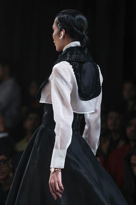 Buy Pankaj & Nidhi Black Silk Organza, Twill Applique, Embroidery Memento Embellished Bib Skirt Set Online at Aza Fashions Buy_Pankaj & Nidhi_Black Silk Organza, Twill Applique, Embroidery Memento Embellished Bib Skirt Set _Online_at_Aza_Fashions