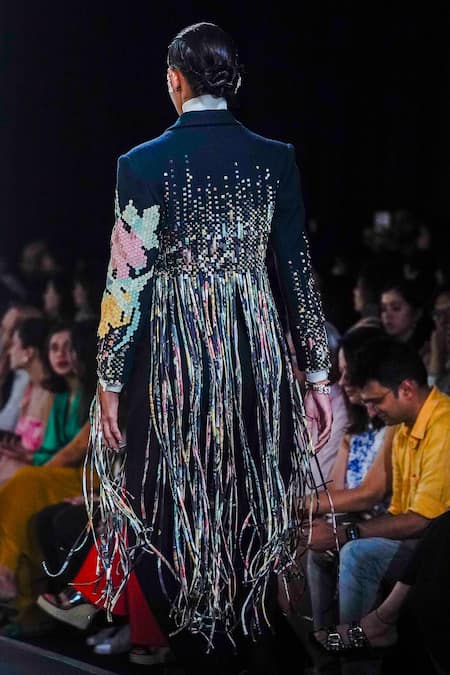 Shop_Pankaj & Nidhi_Blue Wool, Silk Organza Staccato Fringe In Motion Embellished Jacket Pant Set _at_Aza_Fashions