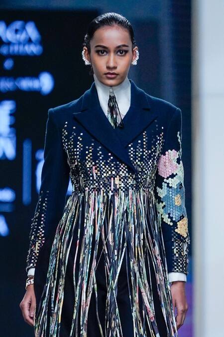 Buy_Pankaj & Nidhi_Blue Wool, Silk Organza Staccato Fringe In Motion Embellished Jacket Pant Set _Online_at_Aza_Fashions