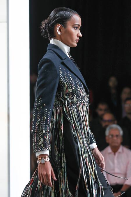 Shop_Pankaj & Nidhi_Blue Wool, Silk Organza Staccato Fringe In Motion Embellished Jacket Pant Set _Online_at_Aza_Fashions