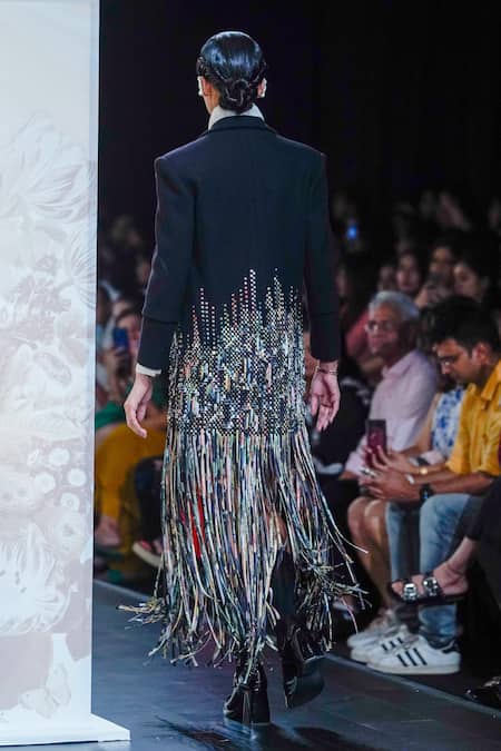 Shop_Pankaj & Nidhi_Black Wool, Silk Organza Fringe, Staccato Embellished Power Blazer With Shirt _at_Aza_Fashions