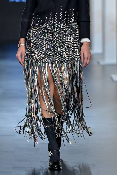 Pankaj & Nidhi_Black Wool, Silk Organza Fringe, Staccato Embellished Power Blazer With Shirt _Online_at_Aza_Fashions