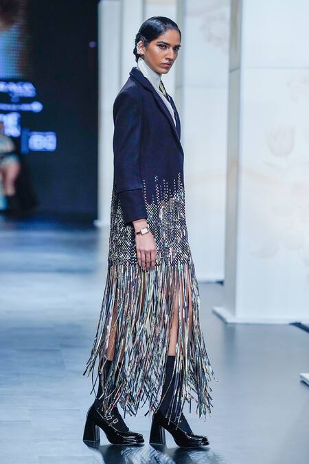 Buy_Pankaj & Nidhi_Black Wool, Silk Organza Fringe, Staccato Embellished Power Blazer With Shirt _Online_at_Aza_Fashions