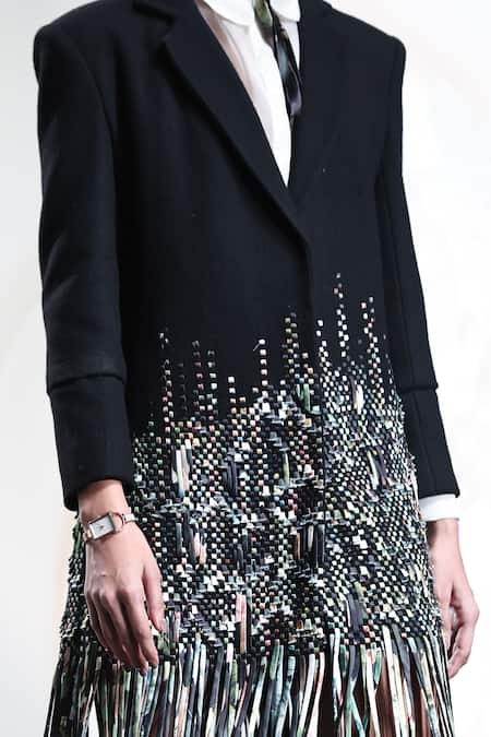 Shop_Pankaj & Nidhi_Black Wool, Silk Organza Fringe, Staccato Embellished Power Blazer With Shirt _Online_at_Aza_Fashions